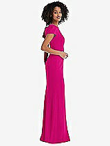 Side View Thumbnail - Think Pink & Cabernet Puff Cap Sleeve Cutout Tie-Back Trumpet Gown