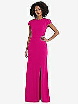 Rear View Thumbnail - Think Pink & Cabernet Puff Cap Sleeve Cutout Tie-Back Trumpet Gown