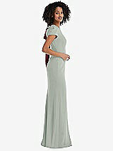 Side View Thumbnail - Willow Green & Cabernet Puff Cap Sleeve Cutout Tie-Back Trumpet Gown