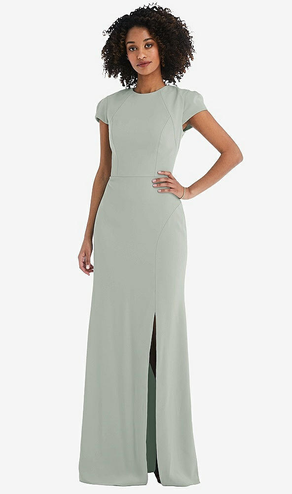 Back View - Willow Green & Cabernet Puff Cap Sleeve Cutout Tie-Back Trumpet Gown