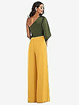 Rear View Thumbnail - NYC Yellow & Olive Green One-Shoulder Bell Sleeve Jumpsuit with Pockets