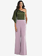 Front View Thumbnail - Suede Rose & Olive Green One-Shoulder Bell Sleeve Jumpsuit with Pockets