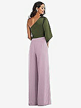 Rear View Thumbnail - Suede Rose & Olive Green One-Shoulder Bell Sleeve Jumpsuit with Pockets