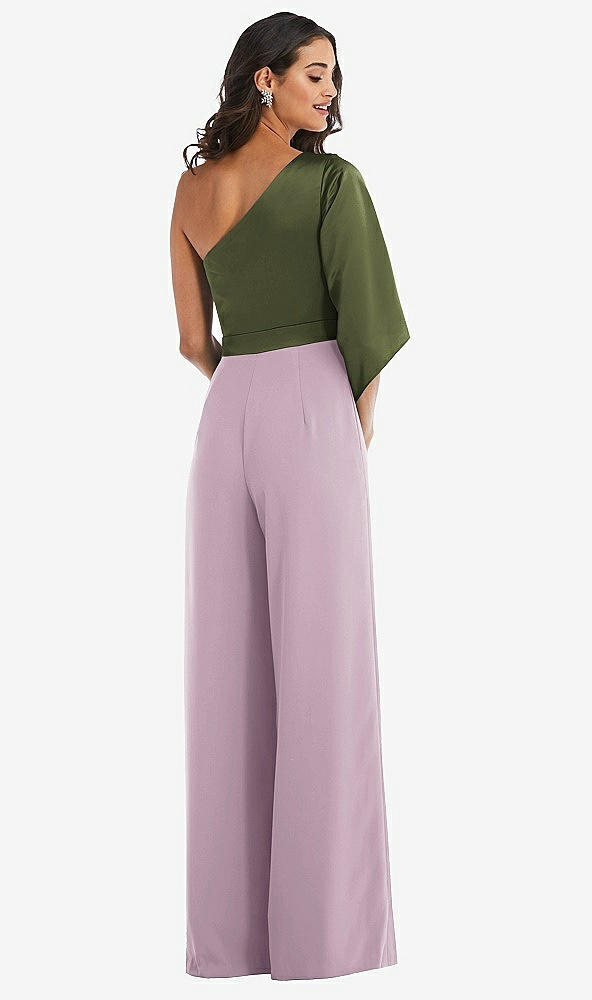 Back View - Suede Rose & Olive Green One-Shoulder Bell Sleeve Jumpsuit with Pockets