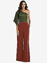 Front View Thumbnail - Auburn Moon & Olive Green One-Shoulder Bell Sleeve Jumpsuit with Pockets