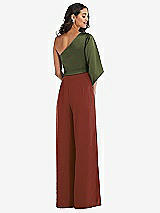 Rear View Thumbnail - Auburn Moon & Olive Green One-Shoulder Bell Sleeve Jumpsuit with Pockets