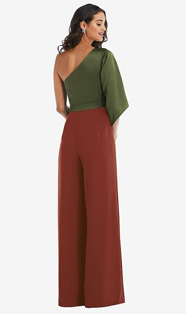 Back View - Auburn Moon & Olive Green One-Shoulder Bell Sleeve Jumpsuit with Pockets