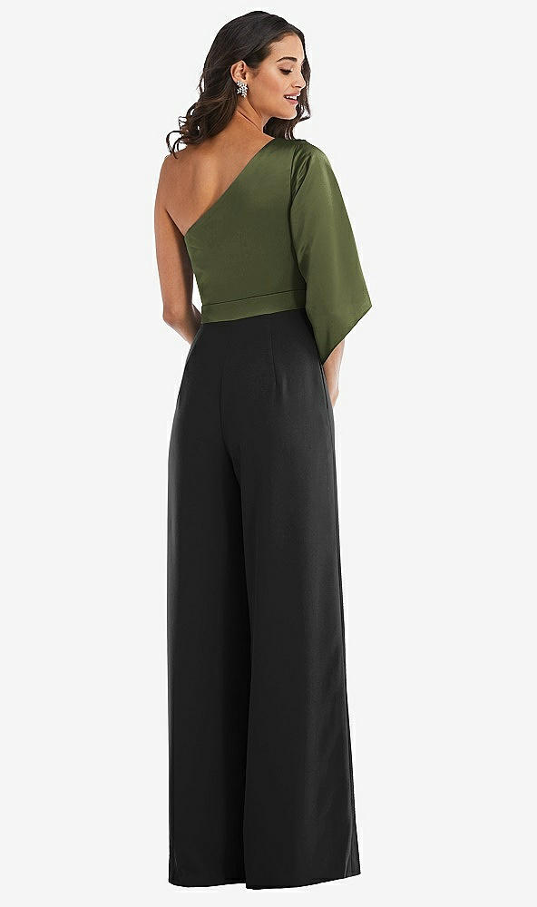 Back View - Black & Olive Green One-Shoulder Bell Sleeve Jumpsuit with Pockets