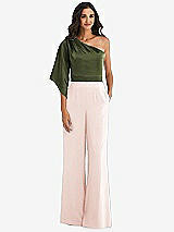 Front View Thumbnail - Blush & Olive Green One-Shoulder Bell Sleeve Jumpsuit with Pockets