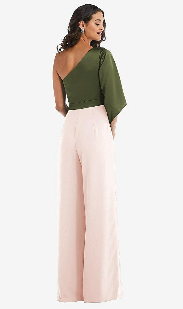Back View - Blush & Olive Green One-Shoulder Bell Sleeve Jumpsuit with Pockets