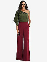 Front View Thumbnail - Burgundy & Olive Green One-Shoulder Bell Sleeve Jumpsuit with Pockets