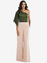 Front View Thumbnail - Cameo & Olive Green One-Shoulder Bell Sleeve Jumpsuit with Pockets