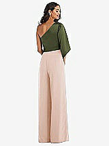 Rear View Thumbnail - Cameo & Olive Green One-Shoulder Bell Sleeve Jumpsuit with Pockets