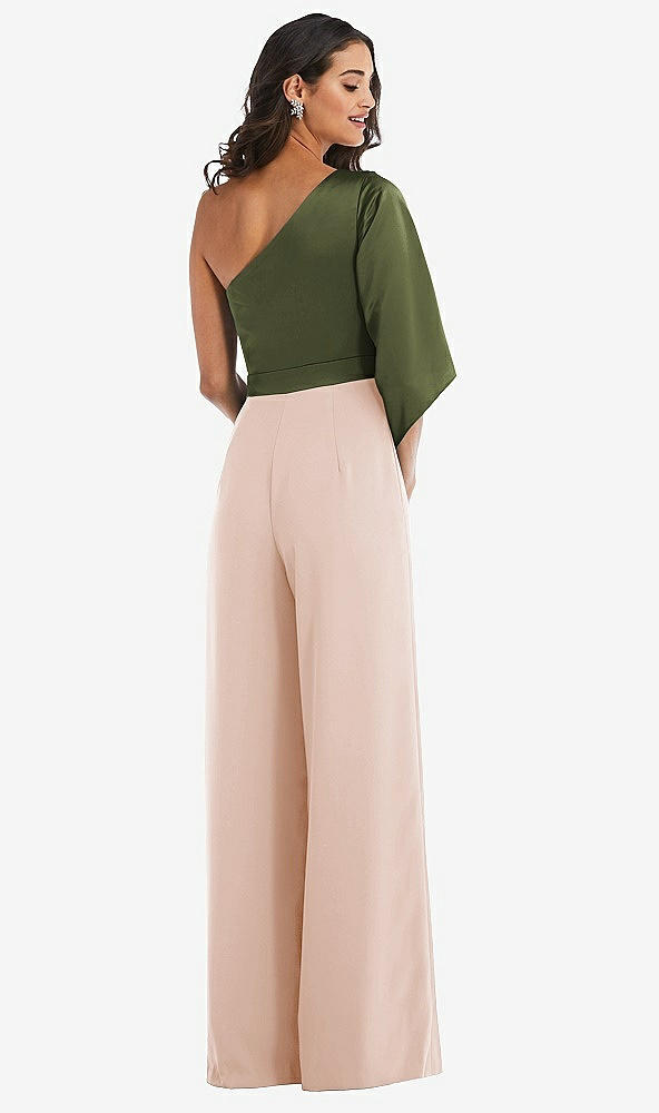Back View - Cameo & Olive Green One-Shoulder Bell Sleeve Jumpsuit with Pockets