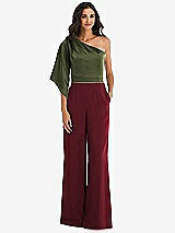 Front View Thumbnail - Cabernet & Olive Green One-Shoulder Bell Sleeve Jumpsuit with Pockets