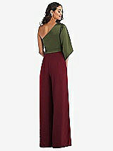 Rear View Thumbnail - Cabernet & Olive Green One-Shoulder Bell Sleeve Jumpsuit with Pockets
