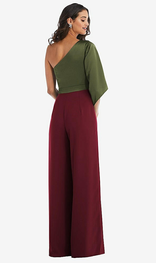 Back View - Cabernet & Olive Green One-Shoulder Bell Sleeve Jumpsuit with Pockets