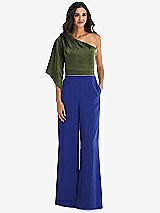 Front View Thumbnail - Cobalt Blue & Olive Green One-Shoulder Bell Sleeve Jumpsuit with Pockets