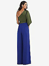 Rear View Thumbnail - Cobalt Blue & Olive Green One-Shoulder Bell Sleeve Jumpsuit with Pockets