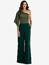 Front View Thumbnail - Evergreen & Olive Green One-Shoulder Bell Sleeve Jumpsuit with Pockets