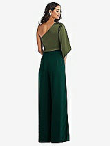 Rear View Thumbnail - Evergreen & Olive Green One-Shoulder Bell Sleeve Jumpsuit with Pockets