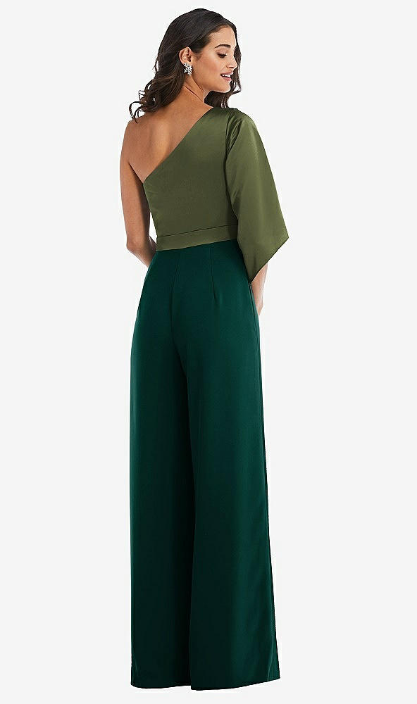 Back View - Evergreen & Olive Green One-Shoulder Bell Sleeve Jumpsuit with Pockets