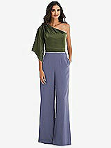 Front View Thumbnail - French Blue & Olive Green One-Shoulder Bell Sleeve Jumpsuit with Pockets