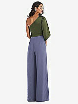 Rear View Thumbnail - French Blue & Olive Green One-Shoulder Bell Sleeve Jumpsuit with Pockets