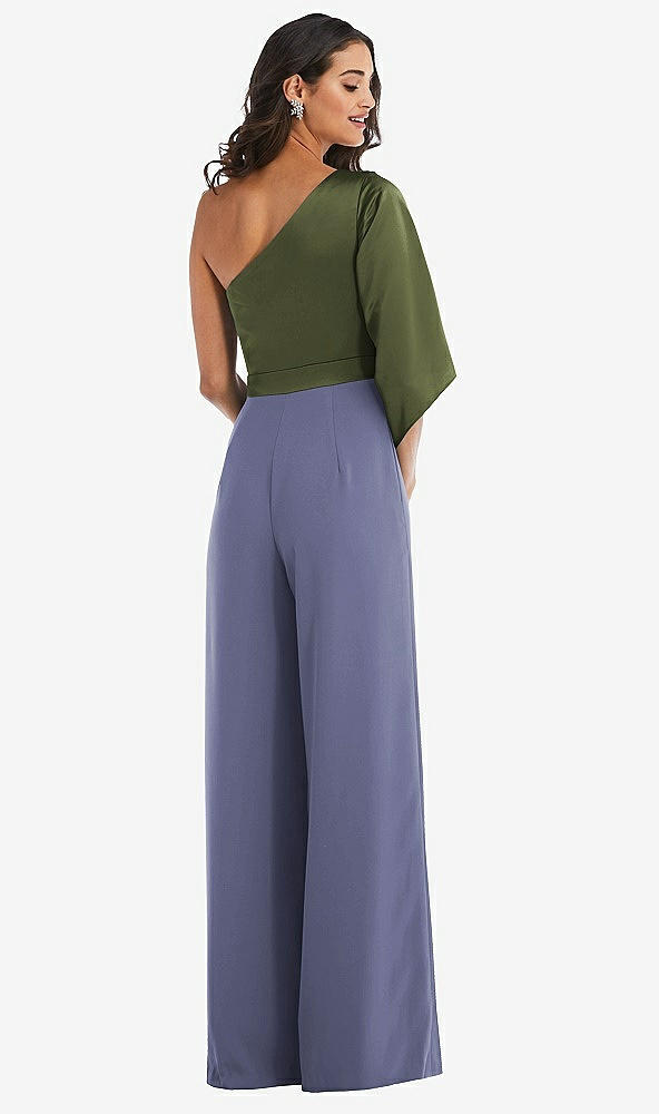 Back View - French Blue & Olive Green One-Shoulder Bell Sleeve Jumpsuit with Pockets
