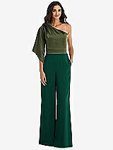 Front View Thumbnail - Hunter Green & Olive Green One-Shoulder Bell Sleeve Jumpsuit with Pockets