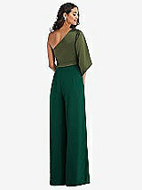 Rear View Thumbnail - Hunter Green & Olive Green One-Shoulder Bell Sleeve Jumpsuit with Pockets