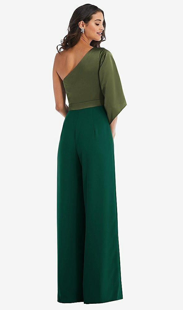 Back View - Hunter Green & Olive Green One-Shoulder Bell Sleeve Jumpsuit with Pockets