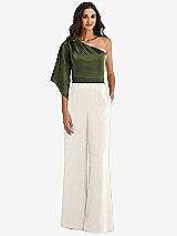 Front View Thumbnail - Ivory & Olive Green One-Shoulder Bell Sleeve Jumpsuit with Pockets
