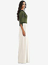 Side View Thumbnail - Ivory & Olive Green One-Shoulder Bell Sleeve Jumpsuit with Pockets