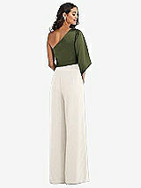 Rear View Thumbnail - Ivory & Olive Green One-Shoulder Bell Sleeve Jumpsuit with Pockets