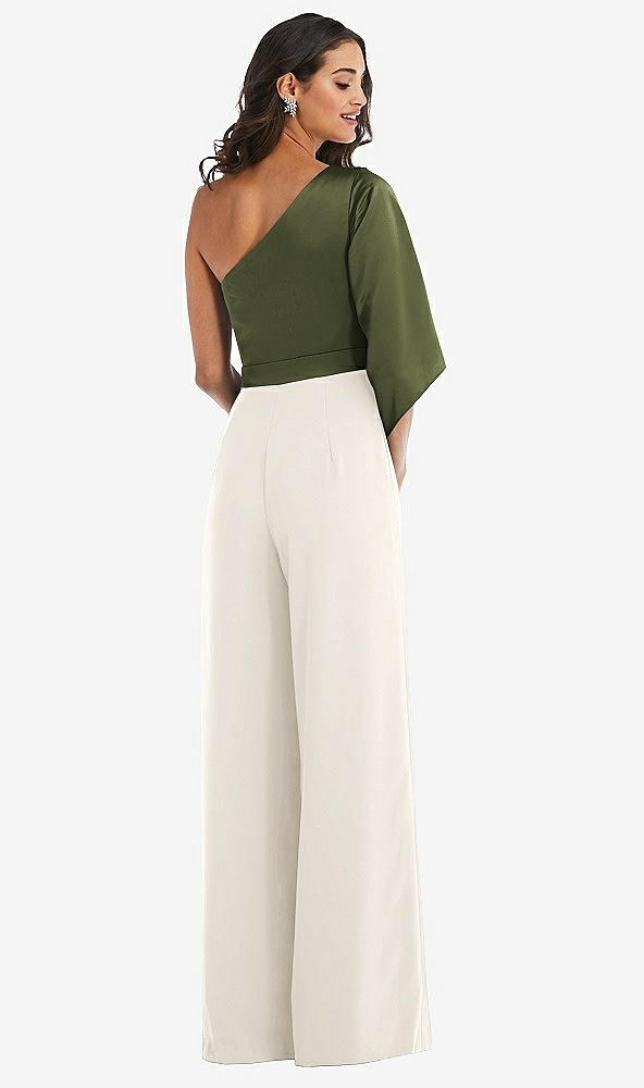 Back View - Ivory & Olive Green One-Shoulder Bell Sleeve Jumpsuit with Pockets
