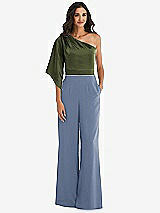 Front View Thumbnail - Larkspur Blue & Olive Green One-Shoulder Bell Sleeve Jumpsuit with Pockets