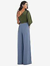 Rear View Thumbnail - Larkspur Blue & Olive Green One-Shoulder Bell Sleeve Jumpsuit with Pockets