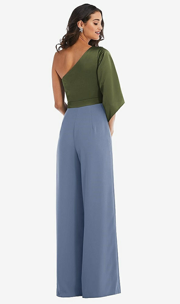 Back View - Larkspur Blue & Olive Green One-Shoulder Bell Sleeve Jumpsuit with Pockets