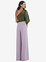 Rear View Thumbnail - Lilac Haze & Olive Green One-Shoulder Bell Sleeve Jumpsuit with Pockets