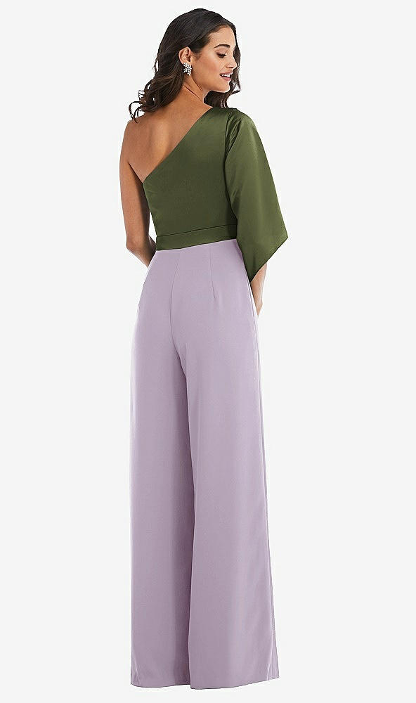 Back View - Lilac Haze & Olive Green One-Shoulder Bell Sleeve Jumpsuit with Pockets