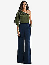 Front View Thumbnail - Midnight Navy & Olive Green One-Shoulder Bell Sleeve Jumpsuit with Pockets