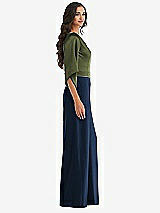 Side View Thumbnail - Midnight Navy & Olive Green One-Shoulder Bell Sleeve Jumpsuit with Pockets