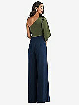 Rear View Thumbnail - Midnight Navy & Olive Green One-Shoulder Bell Sleeve Jumpsuit with Pockets