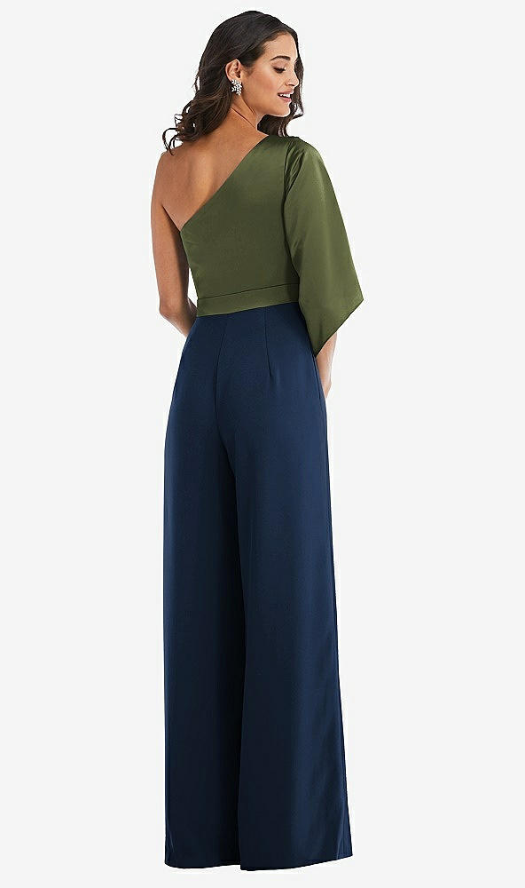 Back View - Midnight Navy & Olive Green One-Shoulder Bell Sleeve Jumpsuit with Pockets