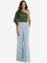 Front View Thumbnail - Mist & Olive Green One-Shoulder Bell Sleeve Jumpsuit with Pockets