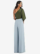 Rear View Thumbnail - Mist & Olive Green One-Shoulder Bell Sleeve Jumpsuit with Pockets