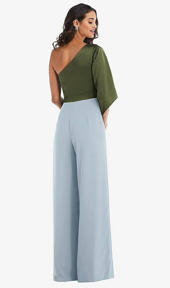 Back View - Mist & Olive Green One-Shoulder Bell Sleeve Jumpsuit with Pockets