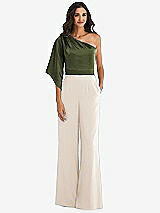 Front View Thumbnail - Oat & Olive Green One-Shoulder Bell Sleeve Jumpsuit with Pockets