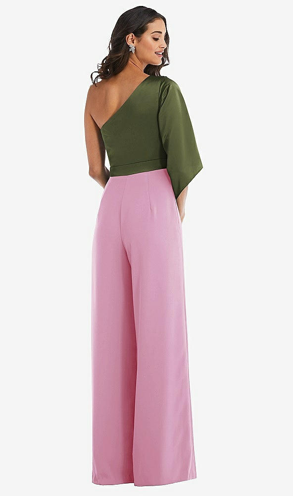 Back View - Powder Pink & Olive Green One-Shoulder Bell Sleeve Jumpsuit with Pockets
